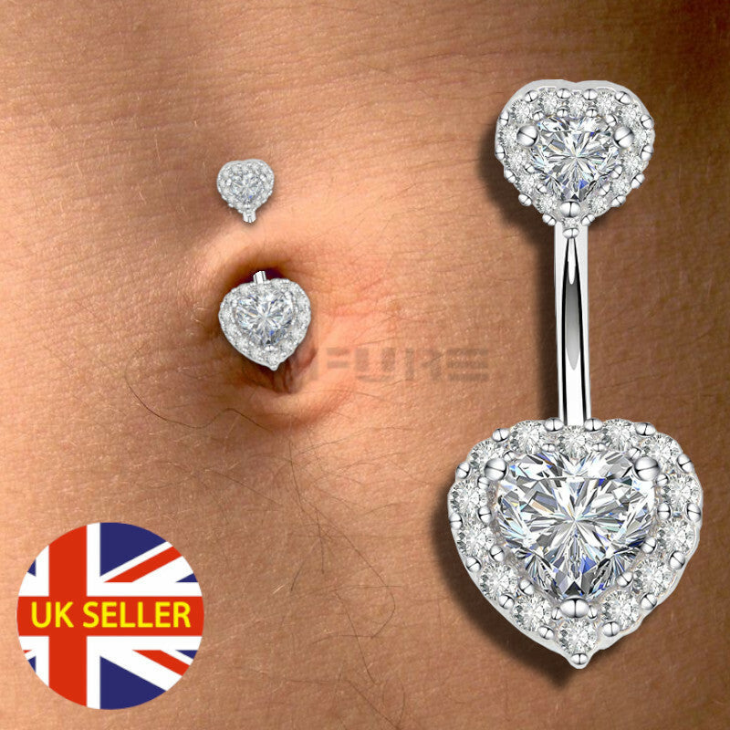 Hypoallergenic Silver Double Heart Belly Button Ring Navel Bar Piercing Jewelry