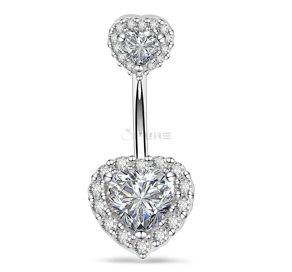 Hypoallergenic Silver Double Heart Belly Button Ring Navel Bar Piercing Jewelry