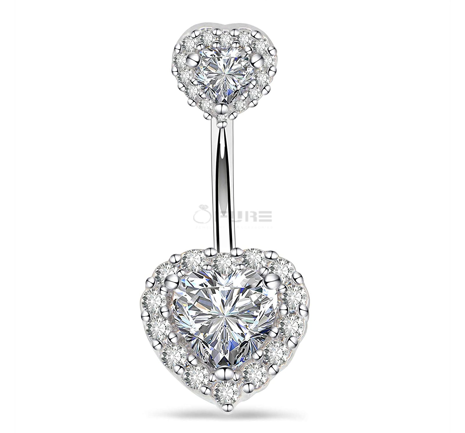 Hypoallergenic Silver Double Heart Belly Button Ring Navel Bar Piercing Jewelry