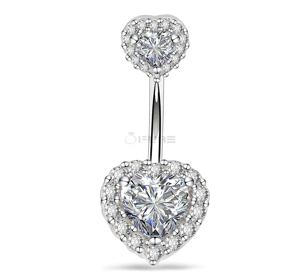 Hypoallergenic Silver Double Heart Belly Button Ring Navel Bar Piercing Jewelry