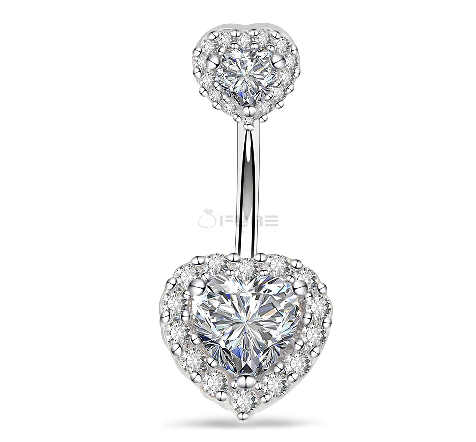 Hypoallergenic Silver Double Heart Belly Button Ring Navel Bar Piercing Jewelry