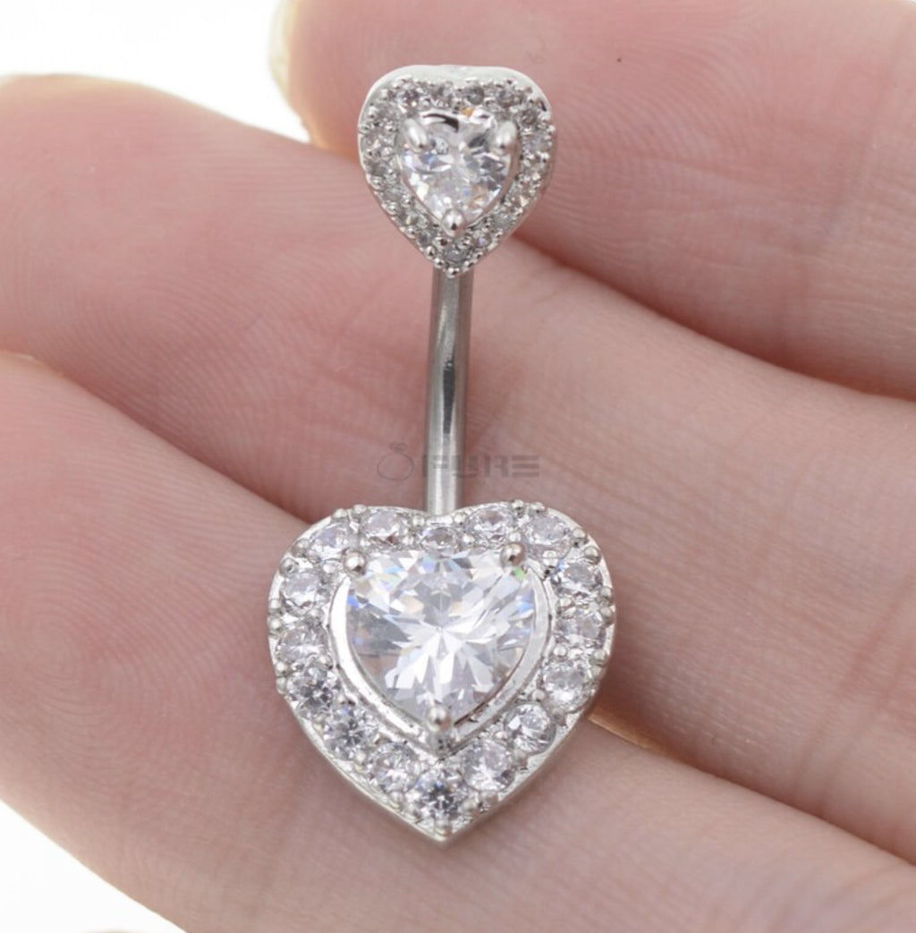 Hypoallergenic Silver Double Heart Belly Button Ring Navel Bar Piercing Jewelry