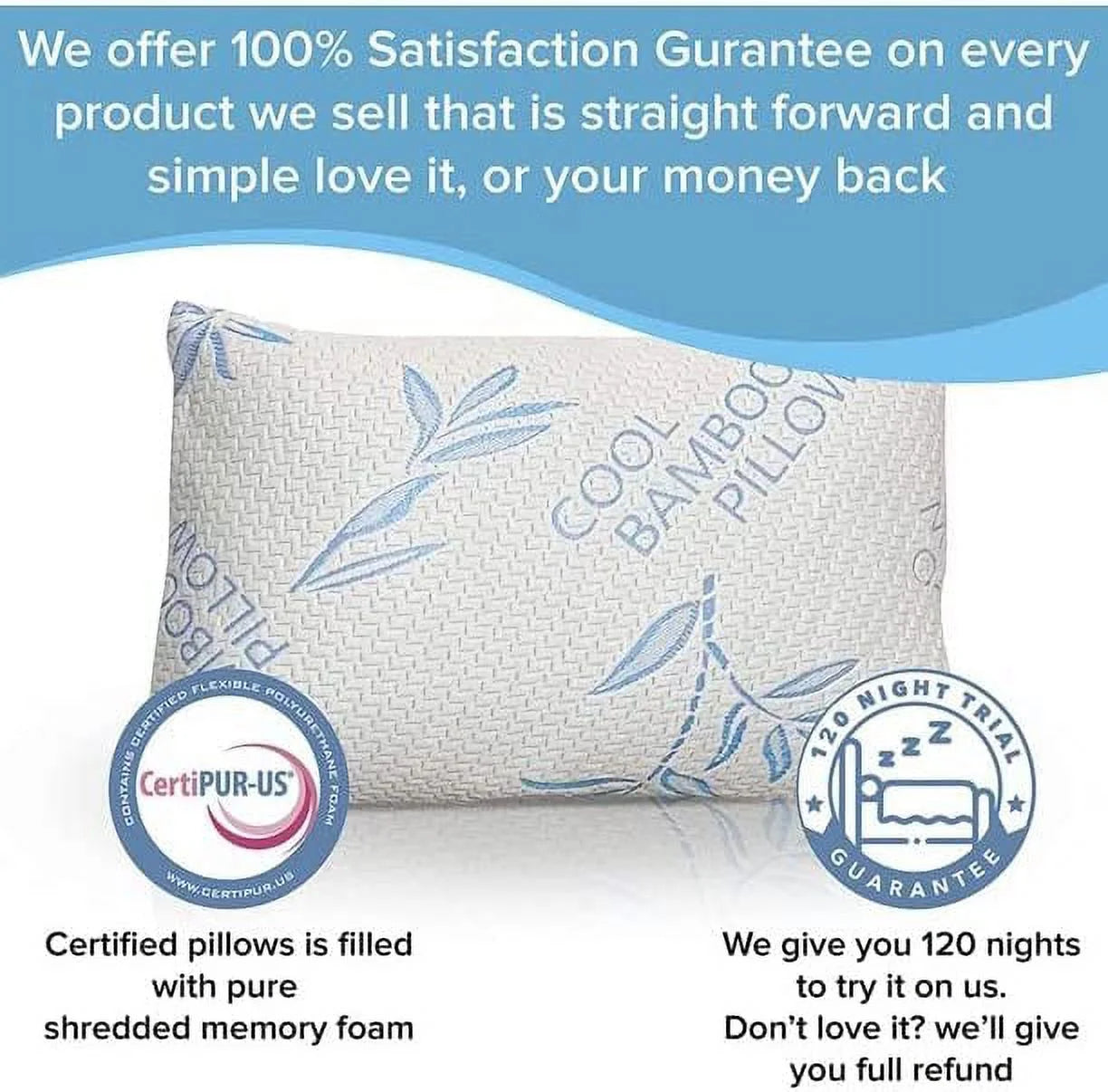 Standard Size Bamboo Pillow for Sleeping - Shredded Memory Foam Adjustable Bamboo Pillow - Hypoallergenic, Removable/Washable Bamboo Cover, Queen Size Sleeping Bed Pillow- 1 Pack